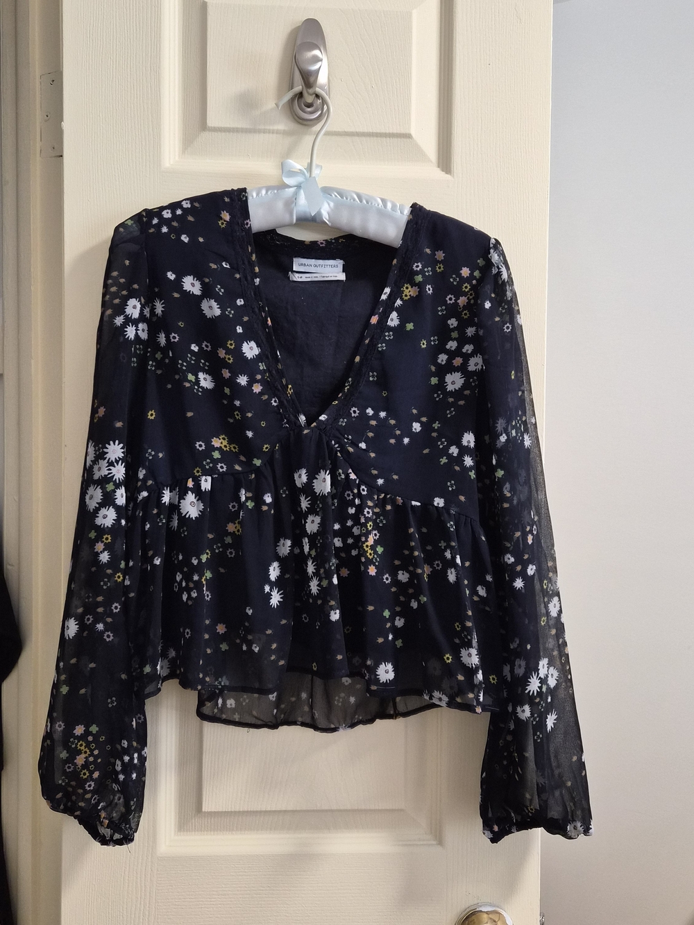 Urban Outfitters Black Sheer Floral Tie-Front Blouse